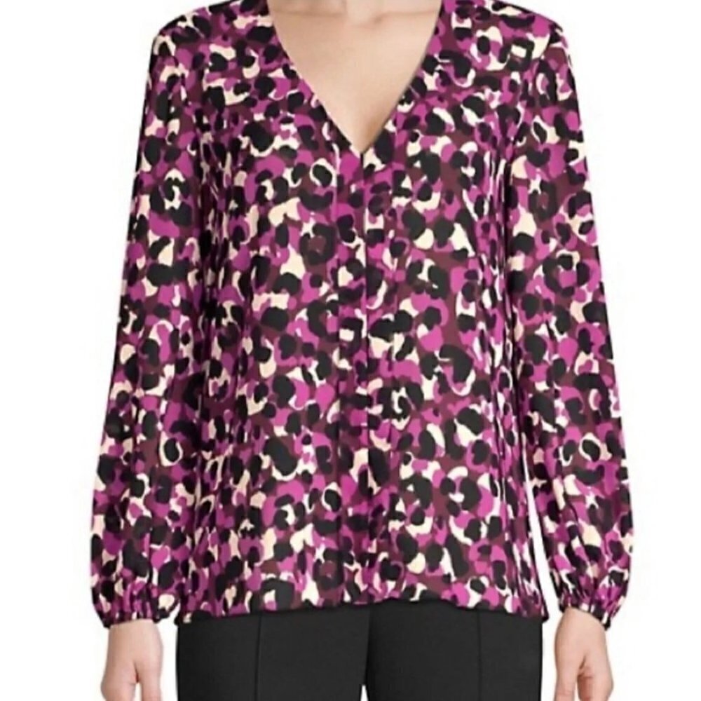 Trina Turk Women's V-neck Lightweight Sheer Long Sleeve‎ Blouse SIZE MEDIUM